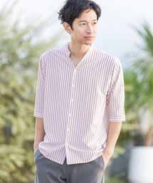 mhs1762-ストライプ-バンドカラー5分袖シャツ