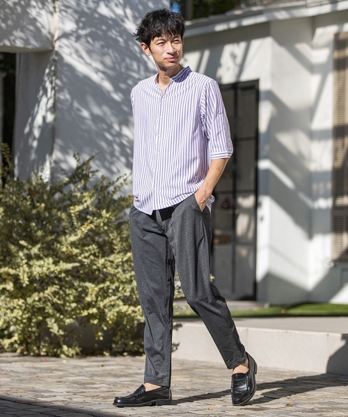 CALL&RESPONSE(コールアンドレスポンス)の「mhs1762-ストライプ-バンドカラー5分袖シャツ(シャツ/ブラウス・メンズ・ピンク/パープル/イエロー・5/1/2/4)」の6枚目の写真