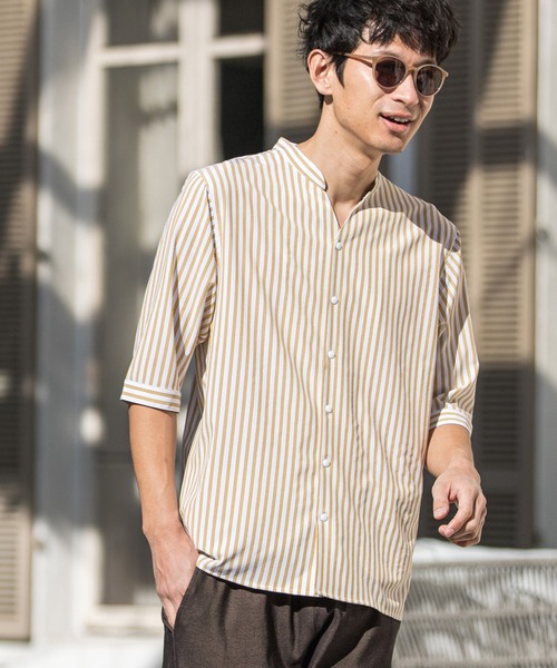 CALL&RESPONSE(コールアンドレスポンス)の「mhs1762-ストライプ-バンドカラー5分袖シャツ(シャツ/ブラウス・メンズ・ピンク/パープル/イエロー・5/1/2/4)」の10枚目の写真