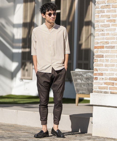 CALL&RESPONSE(コールアンドレスポンス)の「mhs1762-ストライプ-バンドカラー5分袖シャツ(シャツ/ブラウス・メンズ・ピンク/パープル/イエロー・5/1/2/4)」の12枚目の写真