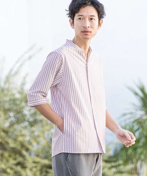 CALL&RESPONSE(コールアンドレスポンス)の「mhs1762-ストライプ-バンドカラー5分袖シャツ(シャツ/ブラウス・メンズ・ピンク/パープル/イエロー・5/1/2/4)」の14枚目の写真
