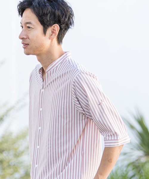 CALL&RESPONSE(コールアンドレスポンス)の「mhs1762-ストライプ-バンドカラー5分袖シャツ(シャツ/ブラウス・メンズ・ピンク/パープル/イエロー・5/1/2/4)」の15枚目の写真