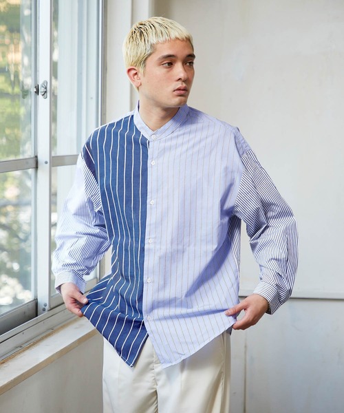 NILWAY(ニルウェイ)の「バルーンスリーブオーバーストライプバンドカラーシャツ(シャツ/ブラウス・メンズ・ネイビー/サックスブルー/ブルー/ブルー系/ブルー系1・MEDIUM/LARGE)」の5枚目の写真