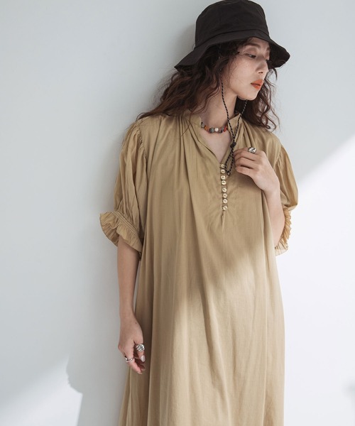 高身長サイズ有】インド綿スキッパーロングワンピース（ワンピース