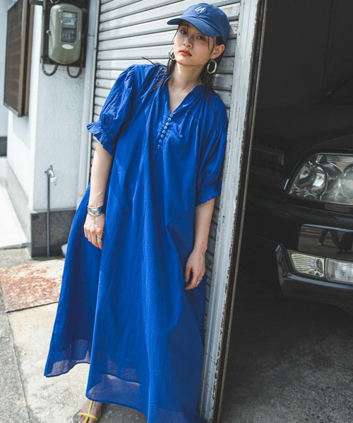 高身長サイズ有】インド綿スキッパーロングワンピース（ワンピース