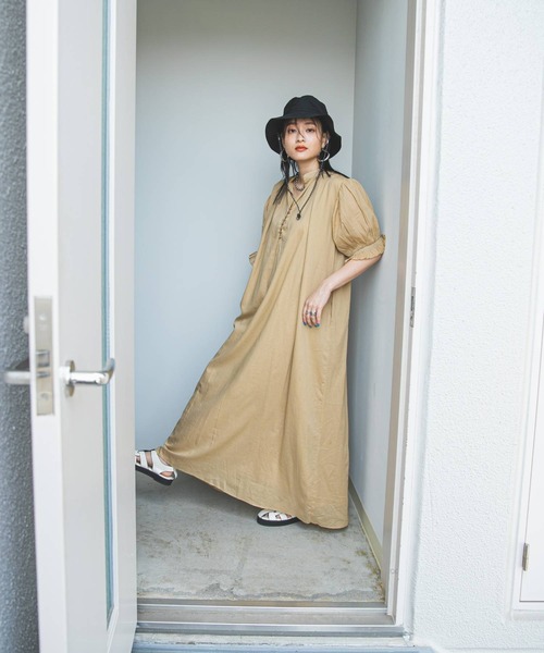 高身長サイズ有】インド綿スキッパーロングワンピース（ワンピース