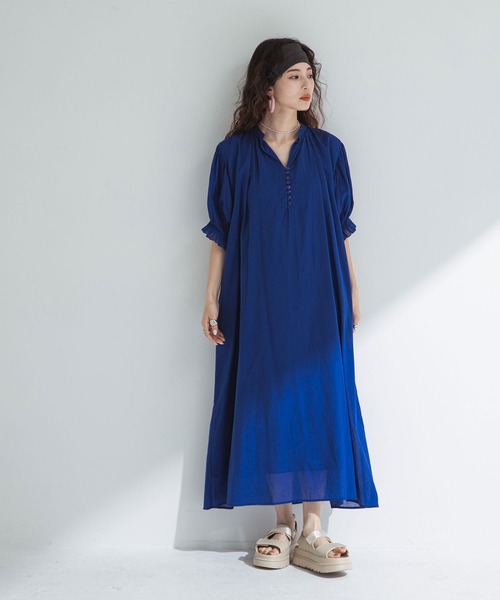 高身長サイズ有】インド綿スキッパーロングワンピース（ワンピース