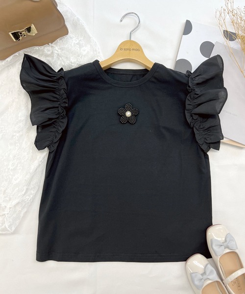 フラワーブローチ付き袖切替Tシャツ