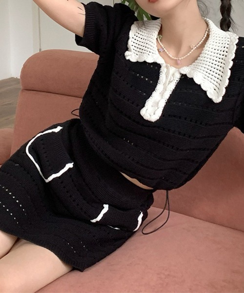 HALEY PESCA（ヘーリーペスカ）の「HALEY PESCA/サマーニット ポロミニスカートセットアップ（セットアップ・レディース・ブラック/アイボリー・FREE）」の5枚目の写真