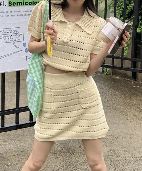 HALEY PESCA（ヘーリーペスカ）の「HALEY PESCA/サマーニット ポロミニスカートセットアップ（セットアップ・レディース・ブラック/アイボリー・FREE）」の6枚目の写真