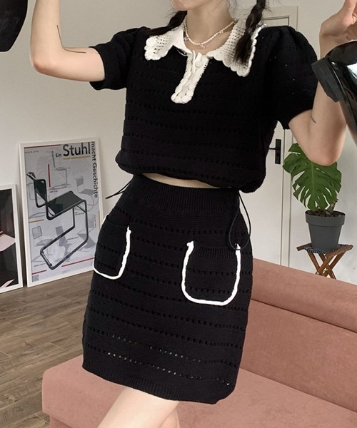 HALEY PESCA（ヘーリーペスカ）の「HALEY PESCA/サマーニット ポロミニスカートセットアップ（セットアップ・レディース・ブラック/アイボリー・FREE）」の9枚目の写真