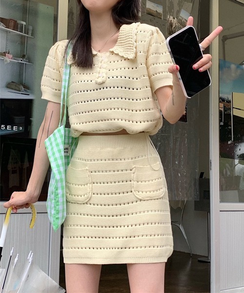 HALEY PESCA（ヘーリーペスカ）の「HALEY PESCA/サマーニット ポロミニスカートセットアップ（セットアップ・レディース・ブラック/アイボリー・FREE）」の8枚目の写真