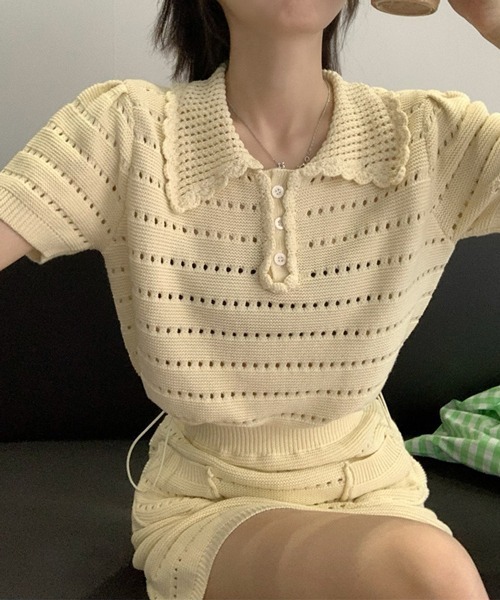 HALEY PESCA（ヘーリーペスカ）の「HALEY PESCA/サマーニット ポロミニスカートセットアップ（セットアップ・レディース・ブラック/アイボリー・FREE）」の4枚目の写真