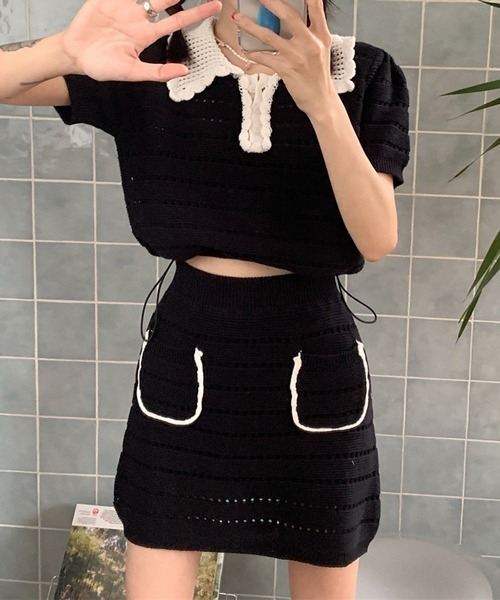 HALEY PESCA（ヘーリーペスカ）の「HALEY PESCA/サマーニット ポロミニスカートセットアップ（セットアップ・レディース・ブラック/アイボリー・FREE）」の7枚目の写真