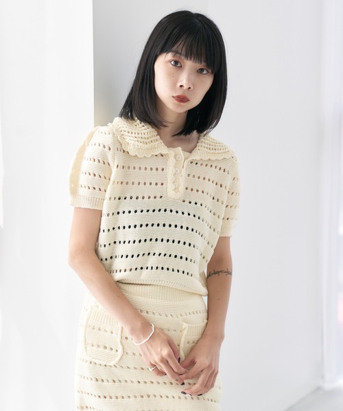 HALEY PESCA（ヘーリーペスカ）の「HALEY PESCA/サマーニット ポロミニスカートセットアップ（セットアップ・レディース・ブラック/アイボリー・FREE）」の15枚目の写真