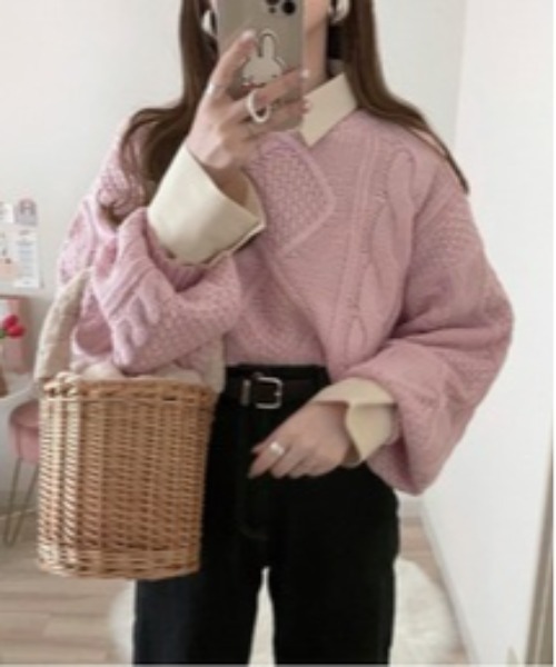 EPIMI E'PIMMY（エピミエピミー）の「ケーブルショートニット（ニット/セーター・レディース・ベージュ/ブラウン/オフホワイト/オレンジ/アイボリー/ピンクベージュ・MEDIUM）」の5枚目の写真