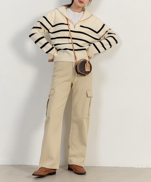 DAY CLOSET（デイ クローゼット）の「レディース 2WAYハーフジップボーダー柄セーター（ニット/セーター・レディース・ホワイト/ブラウン・ONE SIZE）」の14枚目の写真