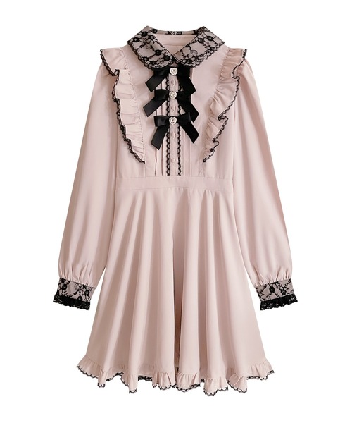 Honey Cinnamon リボン付きドットチュールワンピース ピンク Honey