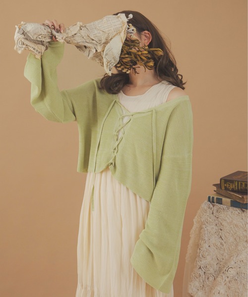 Ambre Neige(アンブルネージュ)の「2WAYレースアップリボンニット/【WEB/EC限定商品】(ニット/セーター・レディース・ライトベージュ/ライトグリーン/ピンク・FREE)」の1枚目の写真