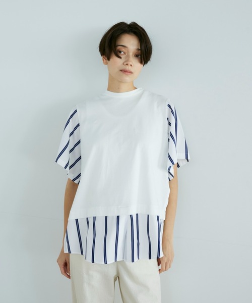 YVON(イヴォン)の「ドッキングストライププルオーバー(Tシャツ/カットソー・レディース・ネイビー/オフホワイト・9号)」の1枚目の写真