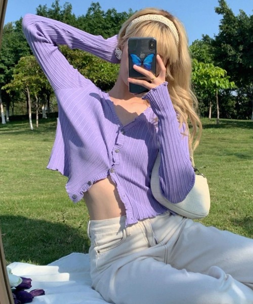 sevens(セブンズ)の「リブメロウカーディガン(se)(カーディガン/ボレロ・レディース・ブラック/ピンク/イエロー/グリーン/パープル・FREE)」の3枚目の写真