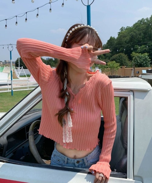 sevens(セブンズ)の「リブメロウカーディガン(se)(カーディガン/ボレロ・レディース・ブラック/ピンク/イエロー/グリーン/パープル・FREE)」の5枚目の写真