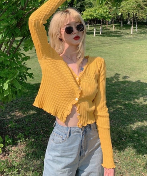 sevens(セブンズ)の「リブメロウカーディガン(se)(カーディガン/ボレロ・レディース・ブラック/ピンク/イエロー/グリーン/パープル・FREE)」の4枚目の写真