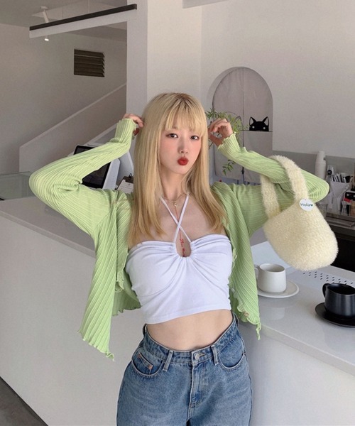 sevens(セブンズ)の「リブメロウカーディガン(se)(カーディガン/ボレロ・レディース・ブラック/ピンク/イエロー/グリーン/パープル・FREE)」の1枚目の写真