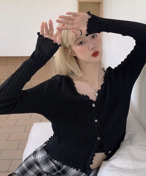 sevens(セブンズ)の「リブメロウカーディガン(se)(カーディガン/ボレロ・レディース・ブラック/ピンク/イエロー/グリーン/パープル・FREE)」の2枚目の写真