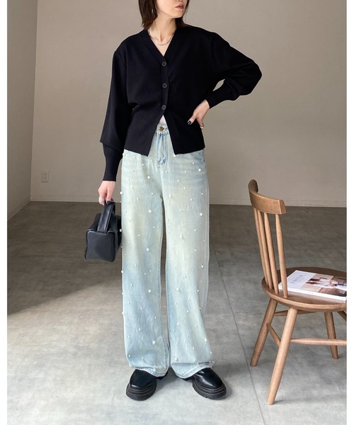 She's Closet（シーズクローゼット）の「ボリュームスリーブショート丈Vネックウエストシェイプペプラムニットカーディガン（カーディガン/ボレロ・レディース・アイボリー/グレイッシュベージュ/杢グレー/ブラック・FREE）」の15枚目の写真