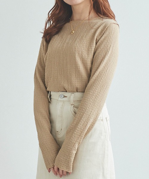 mil(ミル)の「ぽこぽこ楊柳メロウトップス(Tシャツ/カットソー・レディース・モカ/グリーン/アイボリー・S/XS)」の1枚目の写真