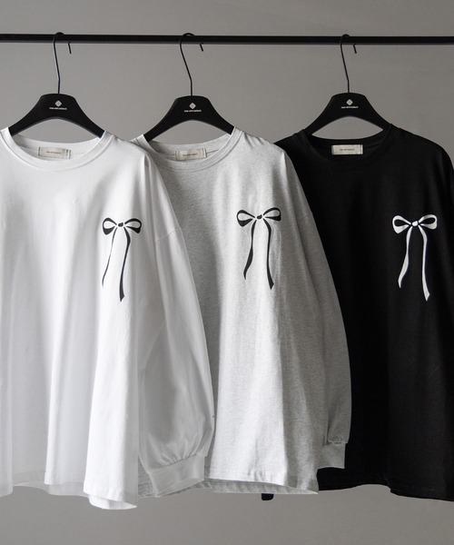 me+em select（ミームセレクト）の「【 ３color 】リボンプリントバレエコアビッグＴシャツ ／ ribbon print ballet core big Tee（Tシャツ/カットソー・レディース・ホワイト/ブラック/グレー・FREE）」の3枚目の写真