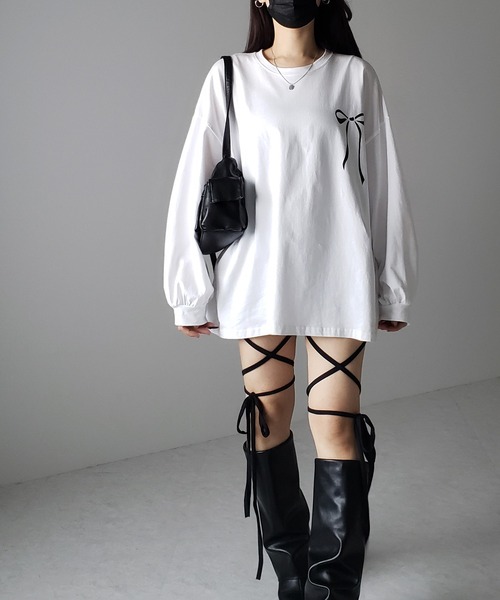 me+em select（ミームセレクト）の「【 ３color 】リボンプリントバレエコアビッグＴシャツ ／ ribbon print ballet core big Tee（Tシャツ/カットソー・レディース・ホワイト/ブラック/グレー・FREE）」の16枚目の写真