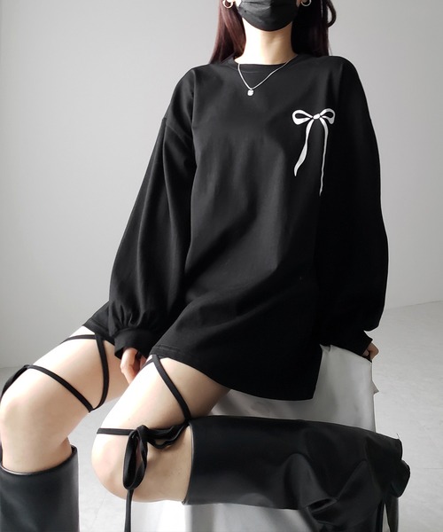 me+em select（ミームセレクト）の「【 ３color 】リボンプリントバレエコアビッグＴシャツ ／ ribbon print ballet core big Tee（Tシャツ/カットソー・レディース・ホワイト/ブラック/グレー・FREE）」の19枚目の写真