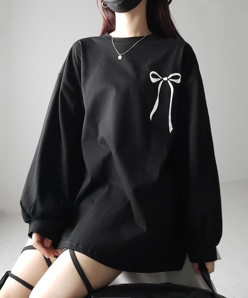me+em select（ミームセレクト）の「【 ３color 】リボンプリントバレエコアビッグＴシャツ ／ ribbon print ballet core big Tee（Tシャツ/カットソー・レディース・ホワイト/ブラック/グレー・FREE）」の17枚目の写真