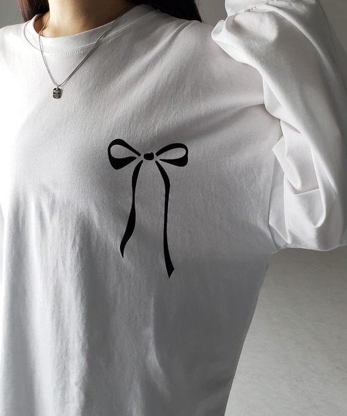me+em select（ミームセレクト）の「【 ３color 】リボンプリントバレエコアビッグＴシャツ ／ ribbon print ballet core big Tee（Tシャツ/カットソー・レディース・ホワイト/ブラック/グレー・FREE）」の8枚目の写真