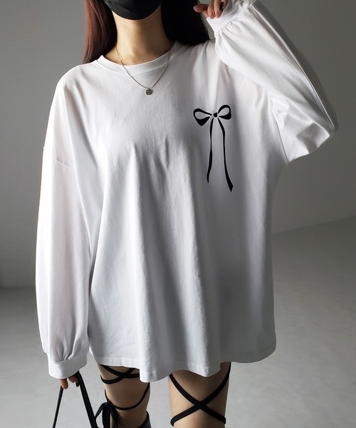 ArgueCulture品格リボンTシャツ ロング丈 3color 】リボンプリントバレエコアビッグTシャツ ／ ribbon