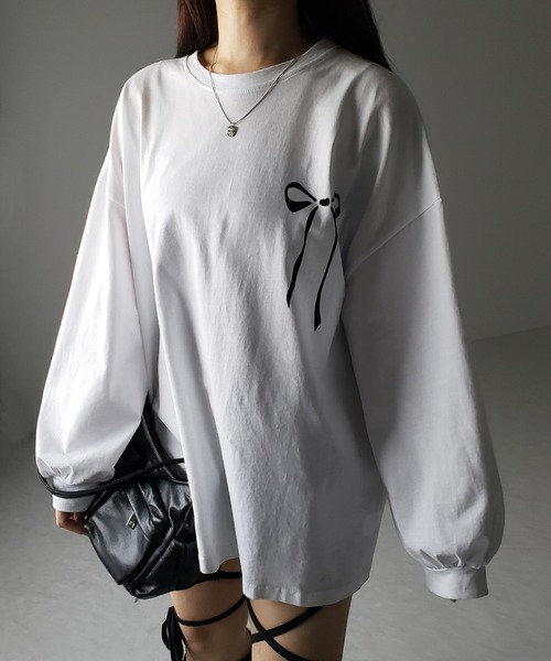 me+em select（ミームセレクト）の「【 ３color 】リボンプリントバレエコアビッグＴシャツ ／ ribbon print ballet core big Tee（Tシャツ/カットソー・レディース・ホワイト/ブラック/グレー・FREE）」の10枚目の写真