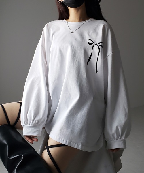 me+em select（ミームセレクト）の「【 ３color 】リボンプリントバレエコアビッグＴシャツ ／ ribbon print ballet core big Tee（Tシャツ/カットソー・レディース・ホワイト/ブラック/グレー・FREE）」の5枚目の写真