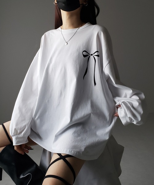 me+em select（ミームセレクト）の「【 ３color 】リボンプリントバレエコアビッグＴシャツ ／ ribbon print ballet core big Tee（Tシャツ/カットソー・レディース・ホワイト/ブラック/グレー・FREE）」の7枚目の写真