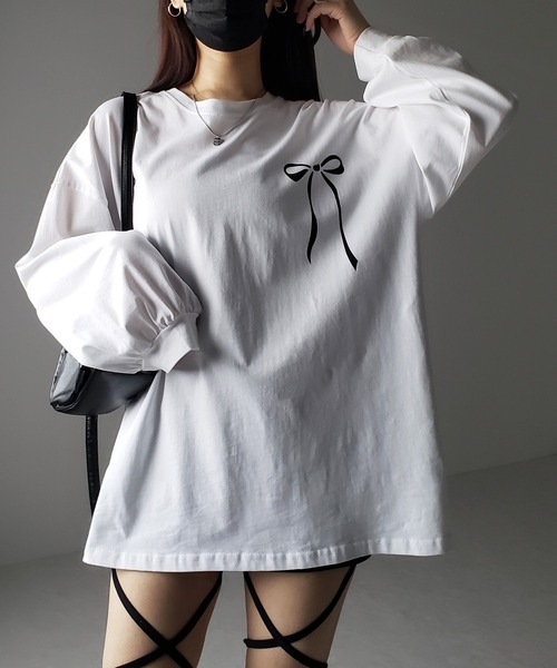me+em select（ミームセレクト）の「【 ３color 】リボンプリントバレエコアビッグＴシャツ ／ ribbon print ballet core big Tee（Tシャツ/カットソー・レディース・ホワイト/ブラック/グレー・FREE）」の13枚目の写真