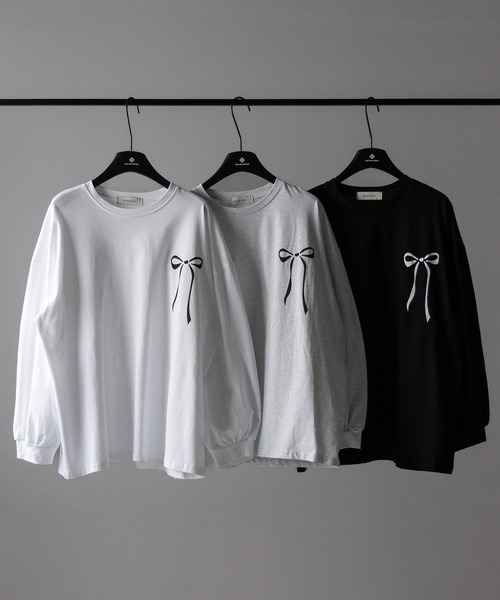 ArgueCulture品格リボンTシャツ ロング丈 3color 】リボンプリントバレエコアビッグTシャツ ／ ribbon