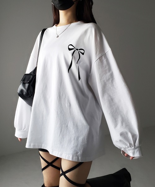 me+em select（ミームセレクト）の「【 ３color 】リボンプリントバレエコアビッグＴシャツ ／ ribbon print ballet core big Tee（Tシャツ/カットソー・レディース・ホワイト/ブラック/グレー・FREE）」の14枚目の写真