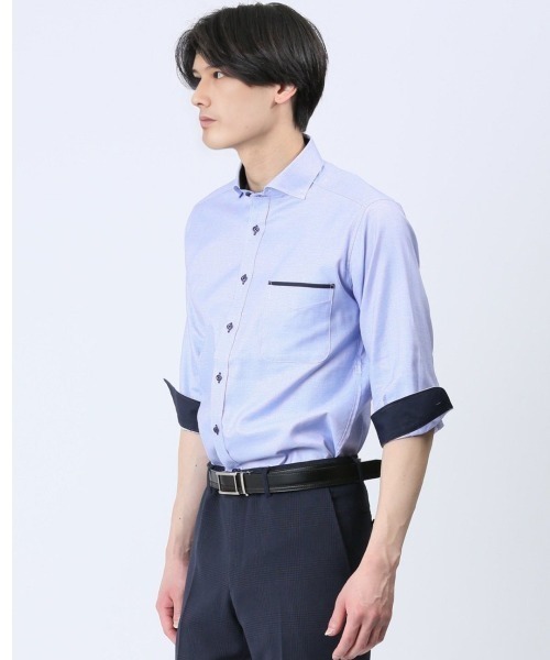 m.f.editorial(エムエフエディトリアル)の「【綿100% オックス】m.f.エディトリアル メンズ メランジ ワイドカラー7分袖シャツ(シャツ/ブラウス・メンズ・サックスブルー・LARGE/MEDIUM)」の1枚目の写真