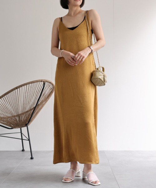 美品　蛍光オレンジとベージュ　オシャレワンピース セール】 シェルボタンジレドレス （ロング・マキシ丈ワンピース