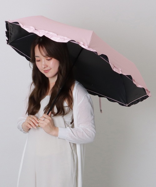 ピンク Sサイズ フリル付き日傘 pink trick 日傘 晴雨兼用 折りたたみ傘 完全遮光 ピンク