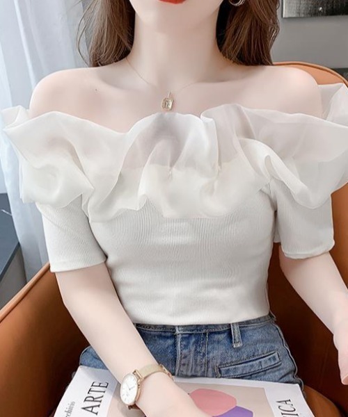 フリル付きオフショルダー トップス グレー セール】シアーフリル使いオフショルダートップス（Tシャツ