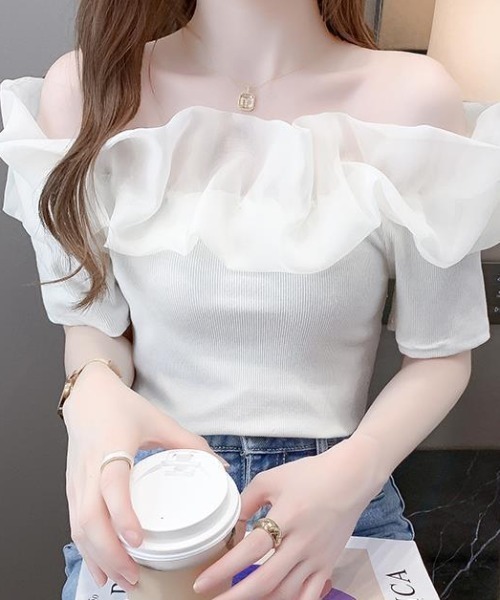 【未使用】 TREFLE フリル ショルダー トップス セール】シアーフリル使いオフショルダートップス（Tシャツ