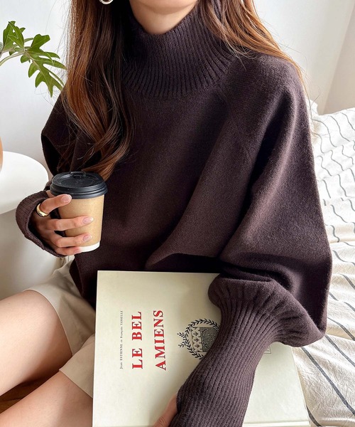 セール】ハイネックサムホールボリューム袖ニットトップス