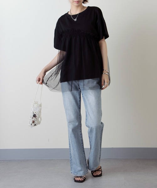 チュールドッキングシシュウTシャツ≪手洗い可能≫ セール】【SETUP7】チュールドッキングチュニックTシャツ（T